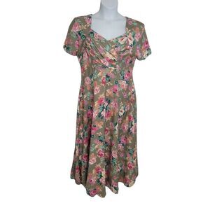 VINTAGE 90s dress tan‎ floral cottagecore rayon maxi with pockets M